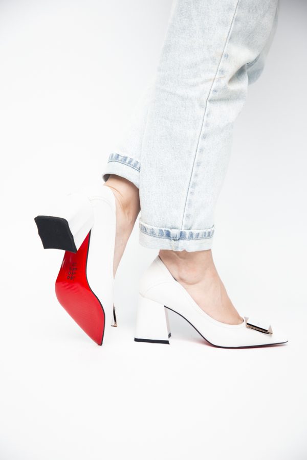 Pantofi Femei cu Toc Gros Piele Ecologică Varf Ascutit design cu pietricele Alb- BS2003D2405410 173