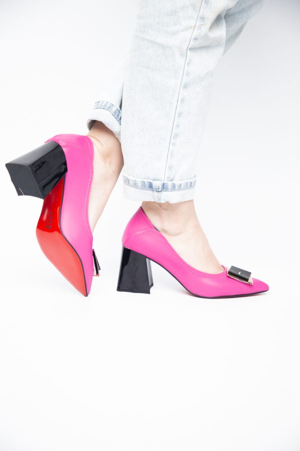 Pantofi Femei cu Toc Gros Piele Ecologică Varf Ascutit design cu pietricele Fuchsia- BS2003D2405412 173