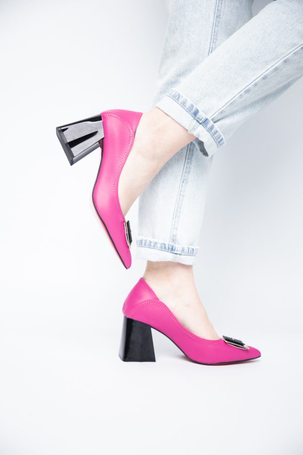 Pantofi Femei cu Toc Gros Piele Ecologică Varf Ascutit design cu pietricele Fuchsia- BS2003D2405412 175