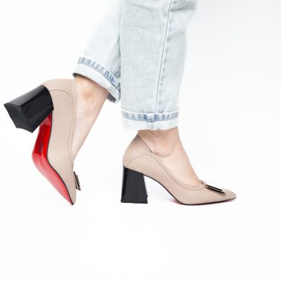Pantofi Femei cu Toc Gros Piele Ecologică Varf Ascutit design cu pietricele Bej - BS2003D2405411