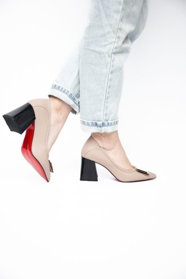 Pantofi Femei cu Toc Gros Piele Ecologică Varf Ascutit design cu pietricele Bej - BS2003D2405411 173