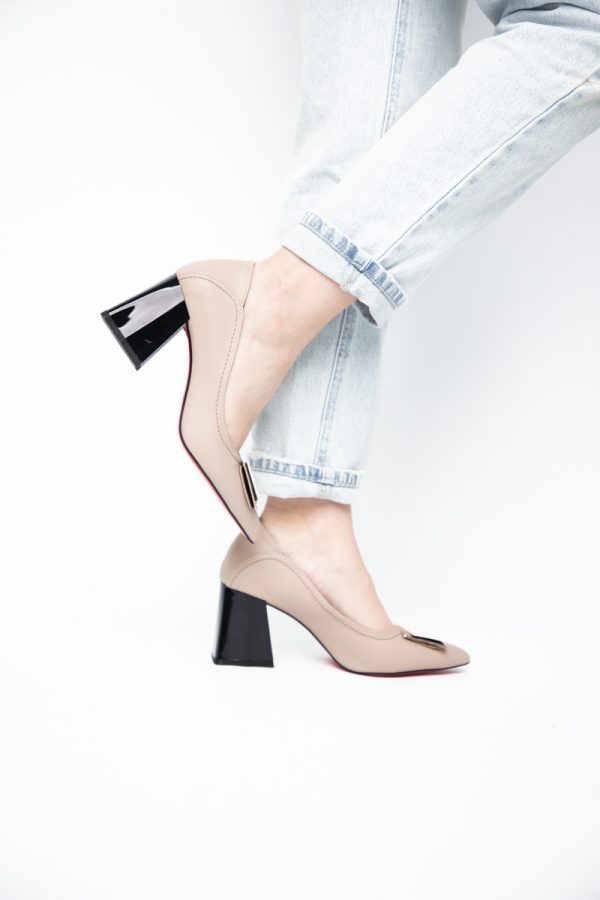 Pantofi Femei cu Toc Gros Piele Ecologică Varf Ascutit design cu pietricele Bej - BS2003D2405411 175