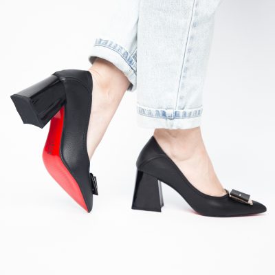 Pantofi Femei cu Toc Gros Piele Ecologică Varf Ascutit design cu pietricele Negru - BS2003D2405417