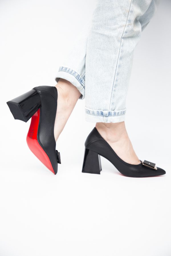 Pantofi Femei cu Toc Gros Piele Ecologică Varf Ascutit design cu pietricele Negru - BS2003D2405417 173