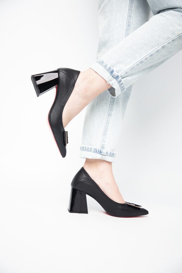 Pantofi Femei cu Toc Gros Piele Ecologică Varf Ascutit design cu pietricele Negru - BS2003D2405417 175