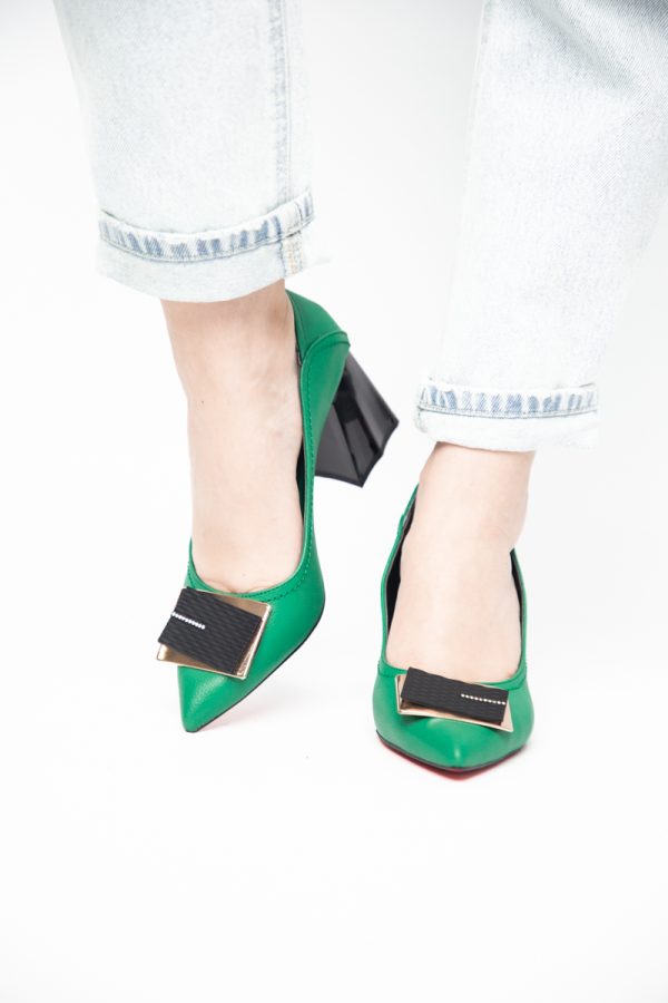 Pantofi Femei cu Toc Gros Piele Ecologică Varf Ascutit design cu pietricele Verde - BS2003D2405416 177