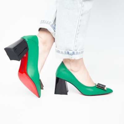 Pantofi Femei cu Toc Gros Piele Ecologică Varf Ascutit design cu pietricele Verde - BS2003D2405416
