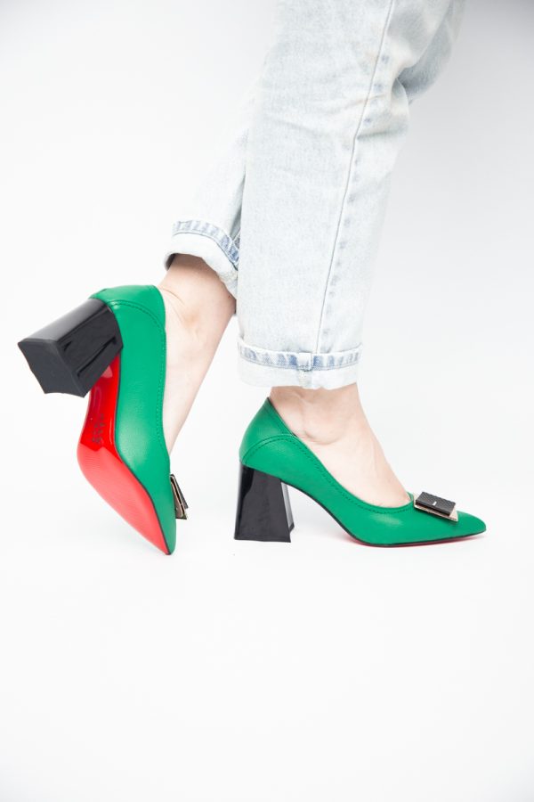Pantofi Femei cu Toc Gros Piele Ecologică Varf Ascutit design cu pietricele Verde - BS2003D2405416 173