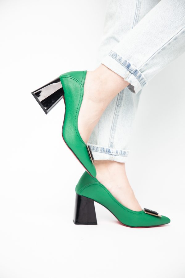 Pantofi Femei cu Toc Gros Piele Ecologică Varf Ascutit design cu pietricele Verde - BS2003D2405416 175