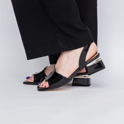 Sandale Dama cu Toc jos piele ecologică texturată culoare Negru BS92SN2403957