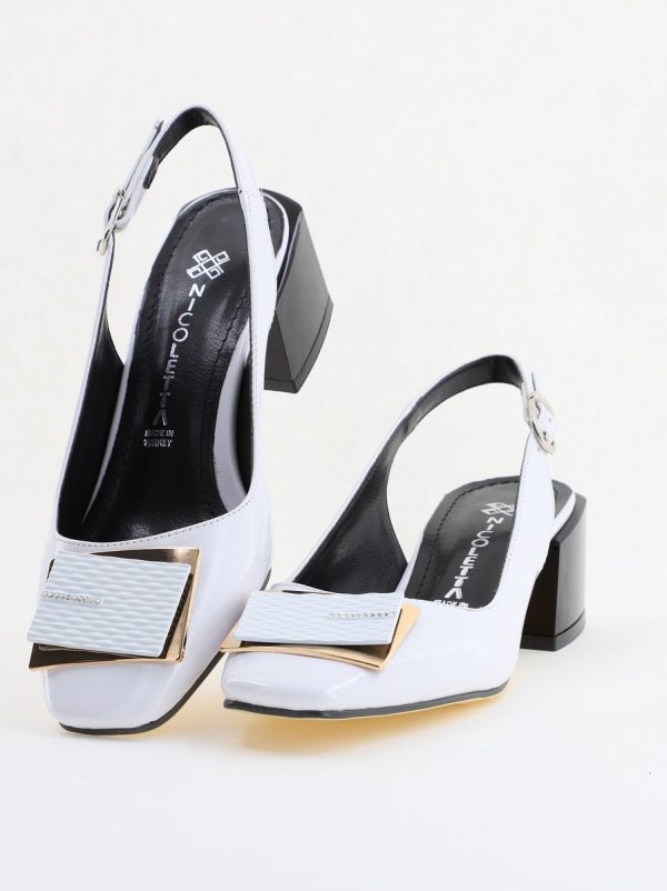 Pantofi cu Toc Eleganti Decupați cu Pietricele din Piele Ecologica culoare Alb Lucios - BS1311AY2405270 173