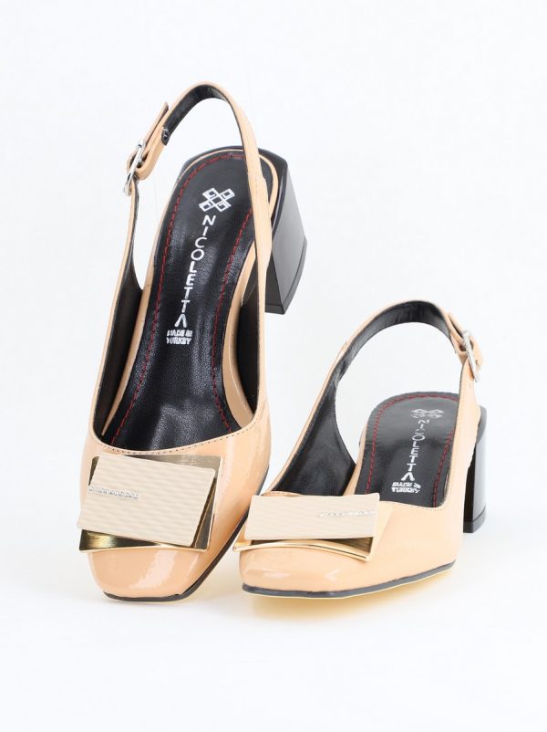 Pantofi cu Toc Eleganti Decupați cu Pietricele din Piele Ecologica culoare Bej Lucios - BS1311AY2405272 5