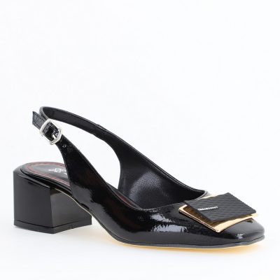 Pantofi cu Toc Eleganti Decupați cu Pietricele din Piele Ecologica culoare Negru Lucios - BS1311AY2405268