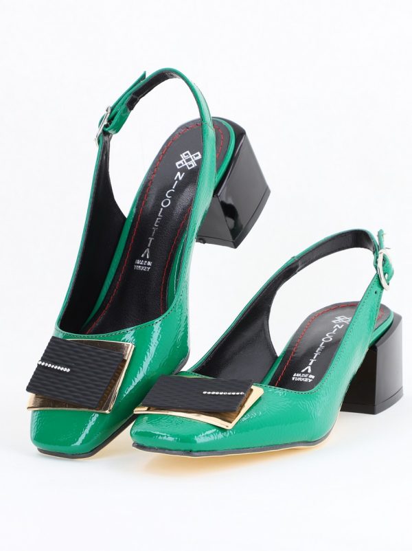 Pantofi cu Toc Eleganti Decupați cu Pietricele din Piele Ecologica culoare Verde Lucios - BS1311AY2405269 5
