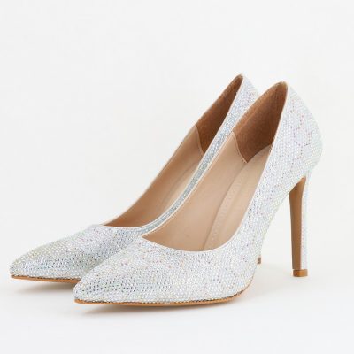 Pantofi cu toc stiletto pentru femei din piele ecologică încrustați cu pietre model fagure Argintiu (BS825AY2404225)