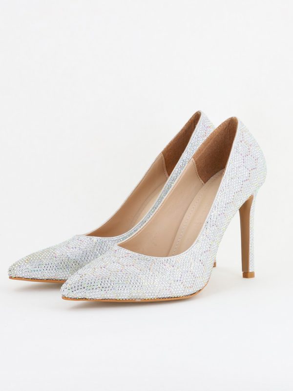 Pantofi cu toc stiletto pentru femei din piele ecologică încrustați cu pietre model fagure Argintiu (BS825AY2404225) 174