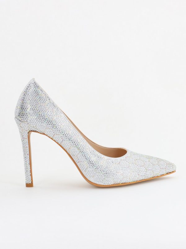 Pantofi cu toc stiletto pentru femei din piele ecologică încrustați cu pietre model fagure Argintiu (BS825AY2404225) 176