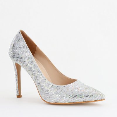 Pantofi cu toc stiletto pentru femei din piele ecologică încrustați cu pietre model fagure Argintiu (BS825AY2404225)