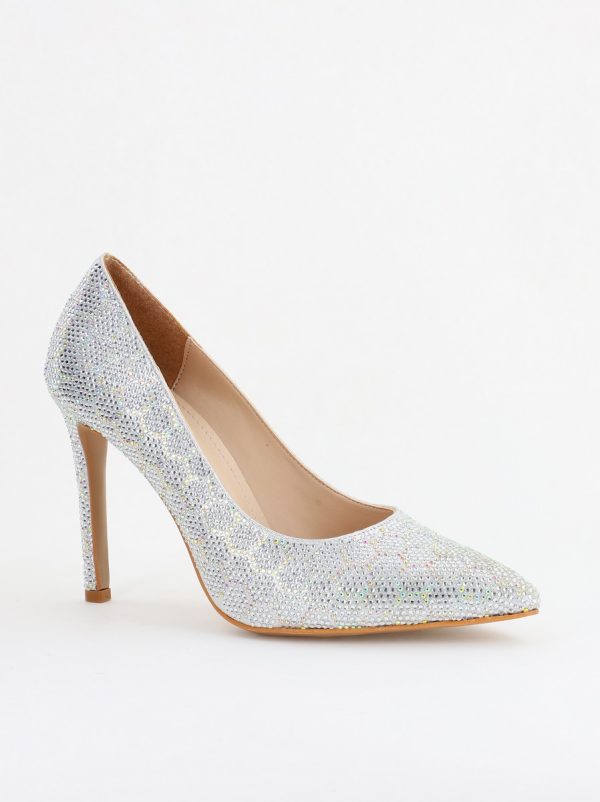 Incaltaminte Dama - Pantofi cu toc stiletto pentru femei din piele ecologică încrustați cu pietre model fagure Argintiu (BS825AY2404225)