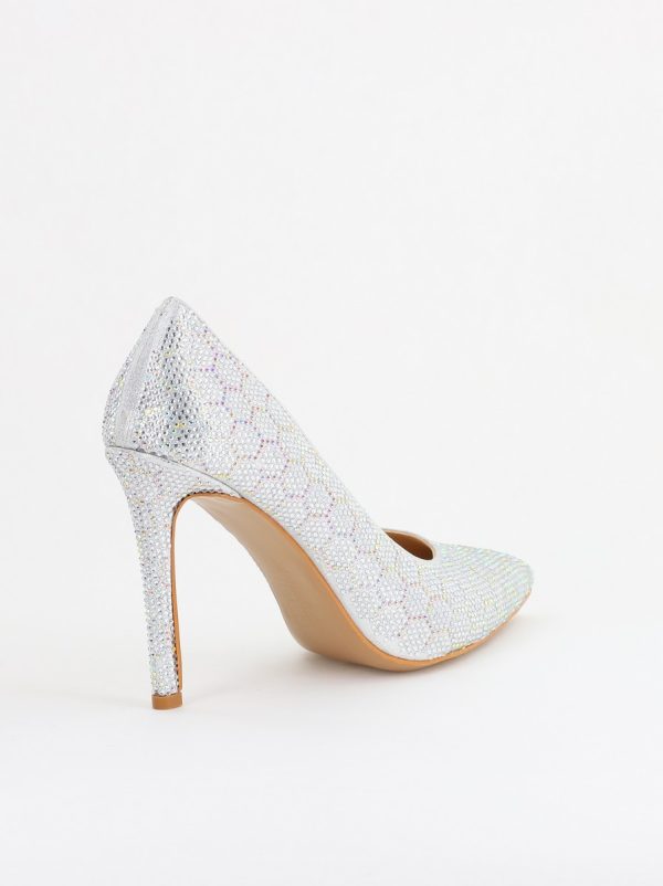 Pantofi cu toc stiletto pentru femei din piele ecologică încrustați cu pietre model fagure Argintiu (BS825AY2404225) 179