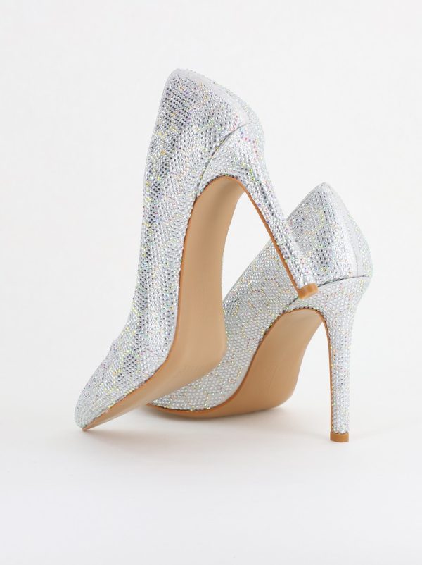 Pantofi cu toc stiletto pentru femei din piele ecologică încrustați cu pietre model fagure Argintiu (BS825AY2404225) 180