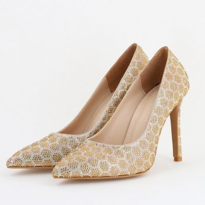 Pantofi cu toc stiletto pentru femei din piele ecologică încrustați cu pietre model fagure Auriu (BS825AY2404226)