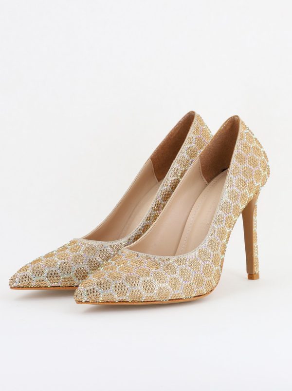 Pantofi cu toc stiletto pentru femei din piele ecologică încrustați cu pietre model fagure Auriu (BS825AY2404226) 174