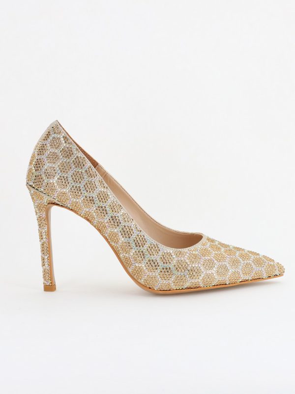 Pantofi cu toc stiletto pentru femei din piele ecologică încrustați cu pietre model fagure Auriu (BS825AY2404226) 176