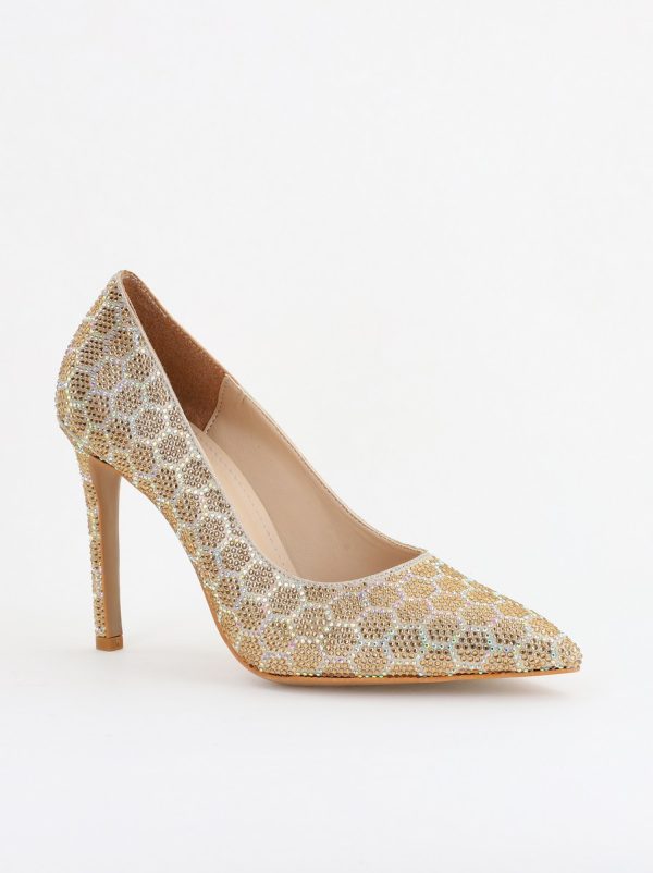 Incaltaminte Dama - Pantofi cu toc stiletto pentru femei din piele ecologică încrustați cu pietre model fagure Auriu (BS825AY2404226)