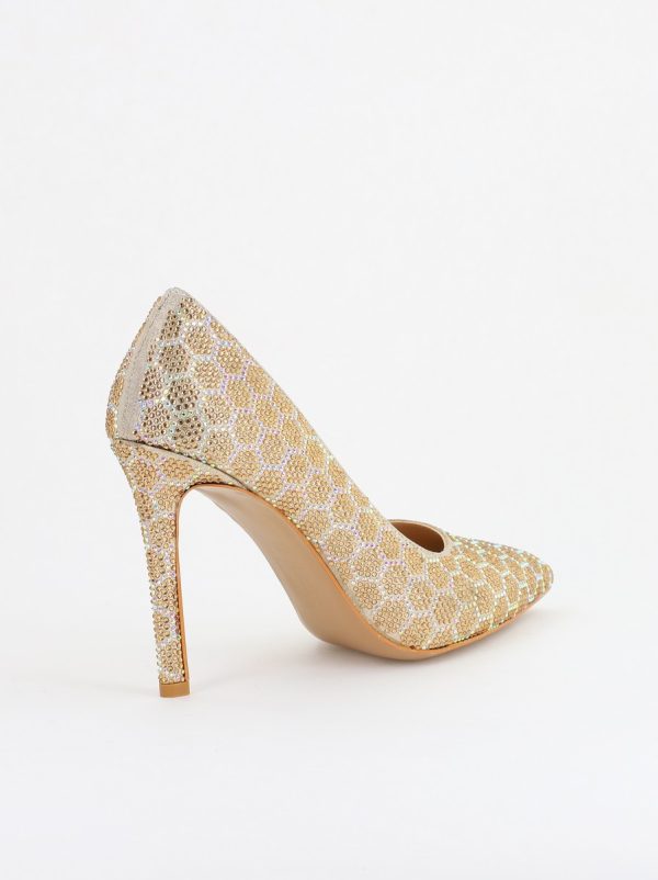 Pantofi cu toc stiletto pentru femei din piele ecologică încrustați cu pietre model fagure Auriu (BS825AY2404226) 179