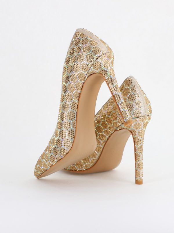 Pantofi cu toc stiletto pentru femei din piele ecologică încrustați cu pietre model fagure Auriu (BS825AY2404226) 180