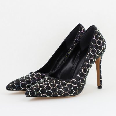 Pantofi cu toc stiletto pentru femei din piele ecologică încrustați cu pietre model fagure Negru (BS825AY2404224)