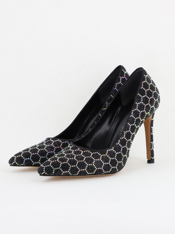 Pantofi cu toc stiletto pentru femei din piele ecologică încrustați cu pietre model fagure Negru (BS825AY2404224) 174
