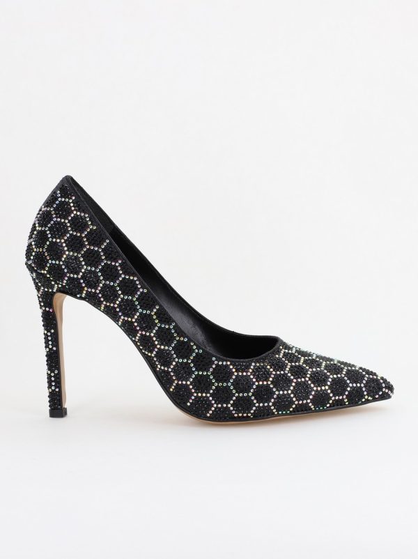 Pantofi cu toc stiletto pentru femei din piele ecologică încrustați cu pietre model fagure Negru (BS825AY2404224) 178