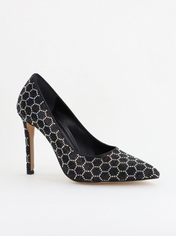 Incaltaminte Dama - Pantofi cu toc stiletto pentru femei din piele ecologică încrustați cu pietre model fagure Negru (BS825AY2404224)