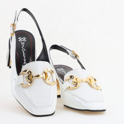 Pantofi damă cu toc accente metalice confecționați din piele ecologică albă - BS142AY2404210