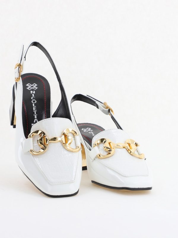 Pantofi damă cu toc accente metalice confecționați din piele ecologică albă - BS142AY2404210 5