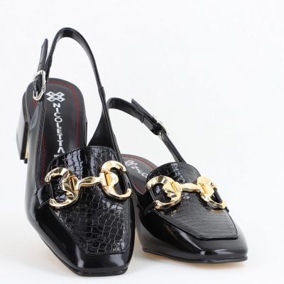 Pantofi damă cu toc accente metalice confecționați din piele ecologică negri - BS142AY2404209