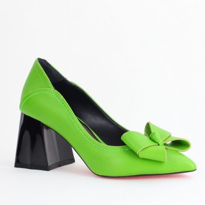 Pantofi Damă cu Toc din Piele Ecologică cu fundiță verde lemon (BS2000D2405360)