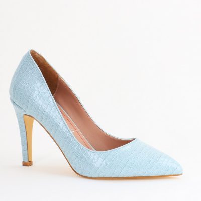 Pantofi Dama cu Toc Subtire Stiletto Piele Ecologică texturată albastru deschis (BS799AY2405292)