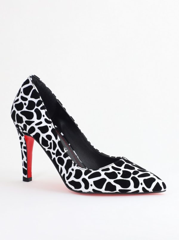 Incaltaminte Dama - Pantofi Dama cu Toc Subtire Stiletto Piele Ecologică negru cu pete (BS799AY2405419)