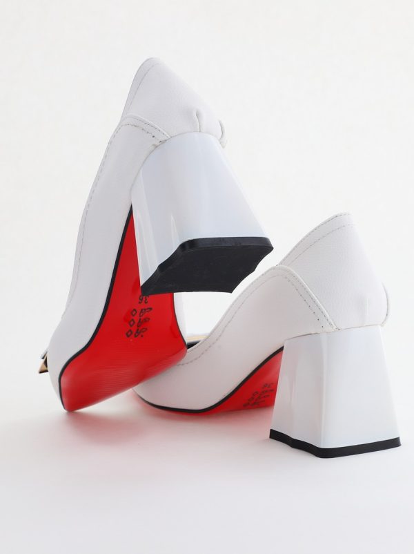 Pantofi Femei cu Toc Gros Piele Ecologică Varf Ascutit design cu pietricele Alb- BS2003D2405410 176