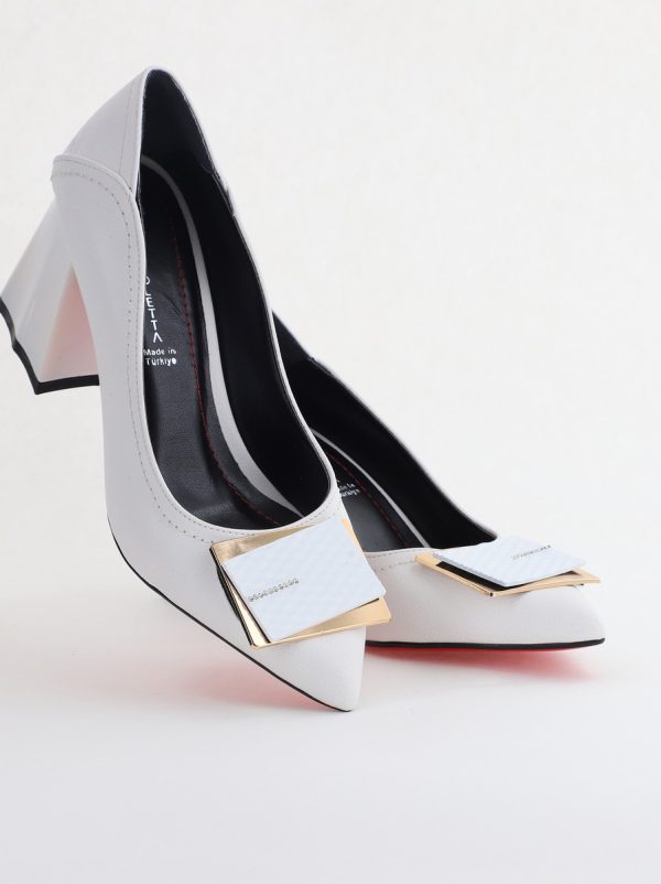 Pantofi Femei cu Toc Gros Piele Ecologică Varf Ascutit design cu pietricele Alb- BS2003D2405410 174