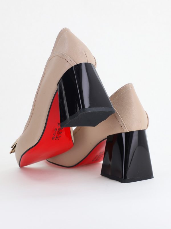 Pantofi Femei cu Toc Gros Piele Ecologică Varf Ascutit design cu pietricele Bej - BS2003D2405411 176