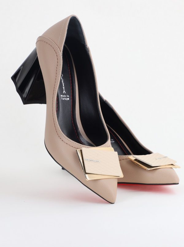 Pantofi Femei cu Toc Gros Piele Ecologică Varf Ascutit design cu pietricele Bej - BS2003D2405411 174