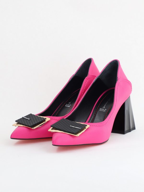 Pantofi Femei cu Toc Gros Piele Ecologică Varf Ascutit design cu pietricele Fuchsia- BS2003D2405412 178