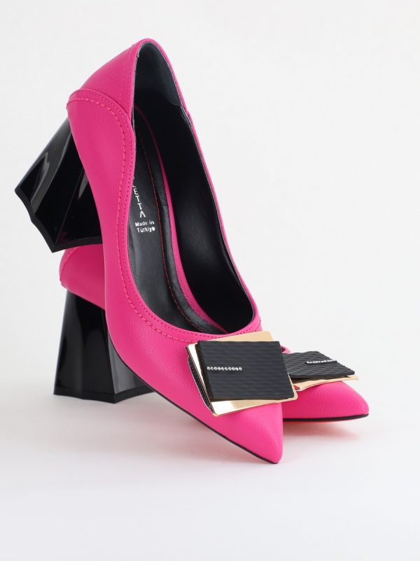 Pantofi Femei cu Toc Gros Piele Ecologică Varf Ascutit design cu pietricele Fuchsia- BS2003D2405412 174