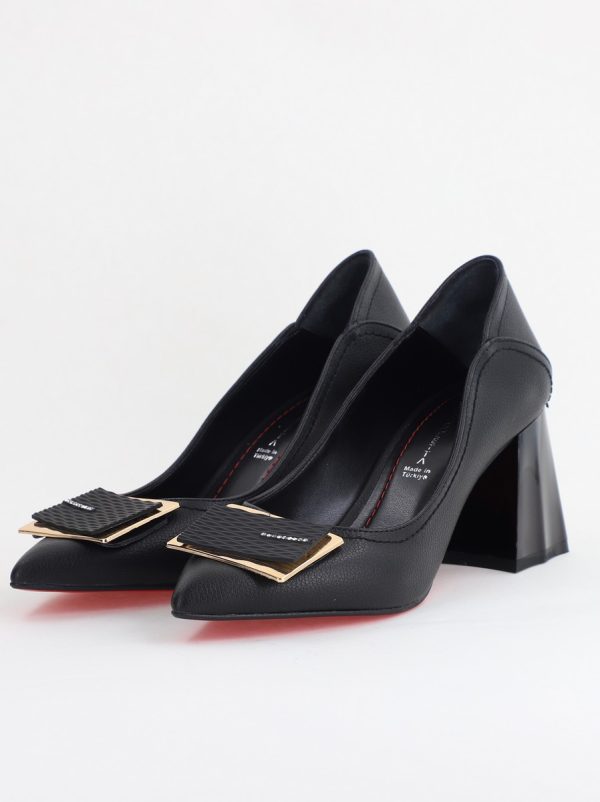 Pantofi Femei cu Toc Gros Piele Ecologică Varf Ascutit design cu pietricele Negru - BS2003D2405417 174