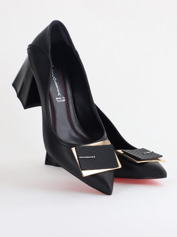 Pantofi Femei cu Toc Gros Piele Ecologică Varf Ascutit design cu pietricele Negru - BS2003D2405417 181