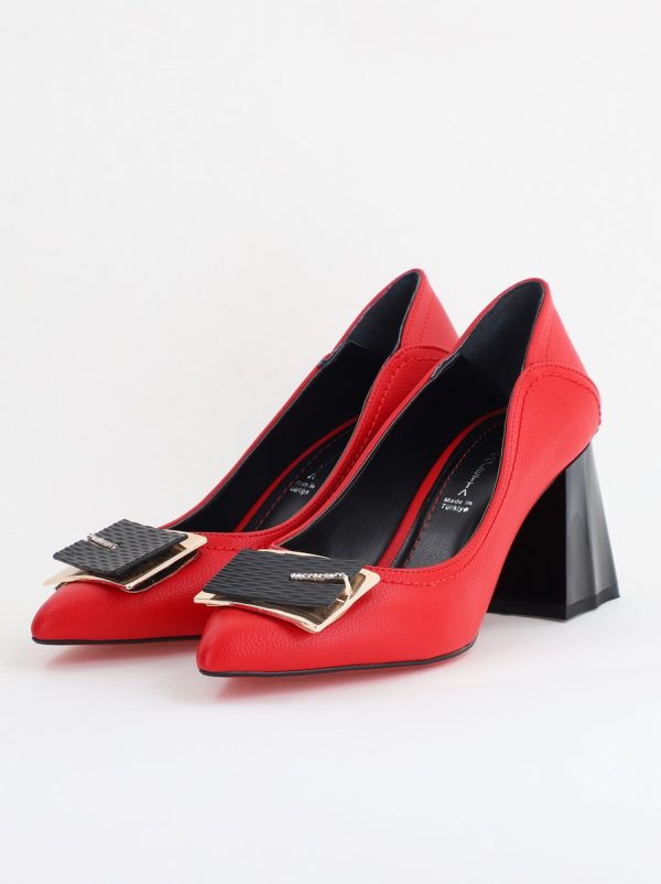Pantofi Femei cu Toc Gros Piele Ecologică Varf Ascutit design cu pietricele Roșu- BS2003D2405413 178